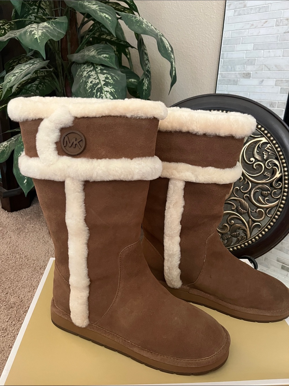 Michael Kors Chestnut Suede Shearling Trim Winter Boots